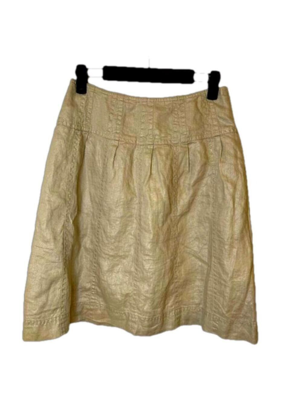 J BRAND Tan Linen Blend Skirt with Gold Metallic Thread Pleated Knee Length 6-8